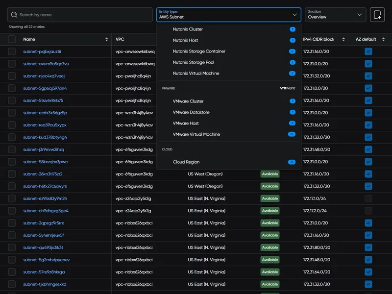 OneIQ entity catalog table showing subnets across AWS, Nutanix, and VMware with an entity type filter open